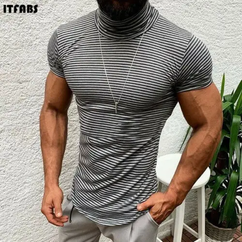 

Men's Slim Fashion Short Sleeve Striped Casual High Neck T-Shirt Top US