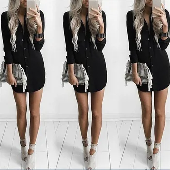 

Women's Long Sleeves Blouse Ladies Loose Casual Wear New Summer Long Chiffon Tops Blouse Soild Color Bottons Sexy Dress Hot Sale