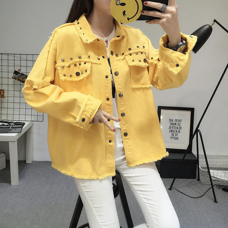 

New Women Flash Rivet Vintage Denim Jean Jacket 2018 Autumn Winter Tops Black Yellow Pink Army Green Femme Loose Streetwear Coat