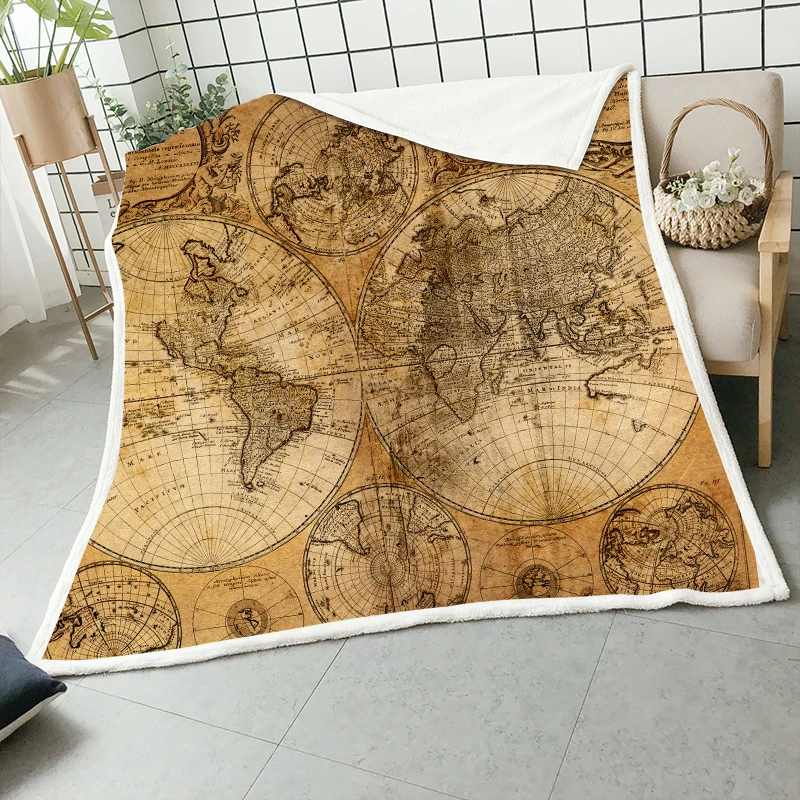 Retro World Map Velvet Plush Throw Blankets For Kid Adults Sherpa Fleece Yellow Blanket For Beds So