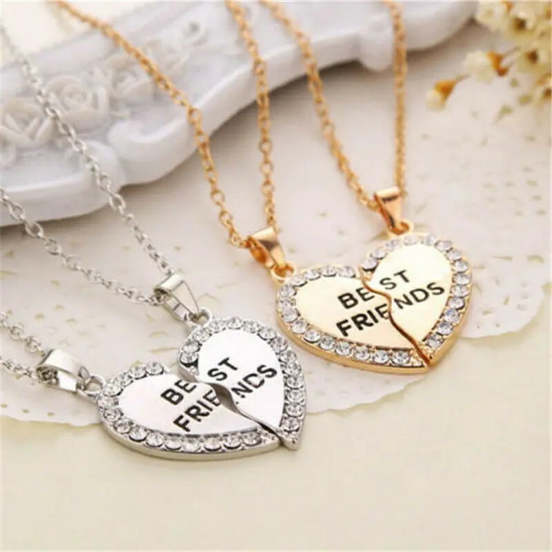 

2019 Rhinestone Heart Shape Two Pendants Necklace Friendship Gold Sliver Best Friend Gift Heart Gold Silver