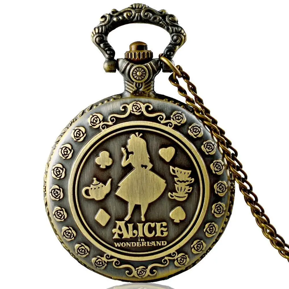 IBEINA Alice in Wonderland Theme Full Hunter Quartz Engraved Fob Retro Pendant Pocket Watch Chain Gift