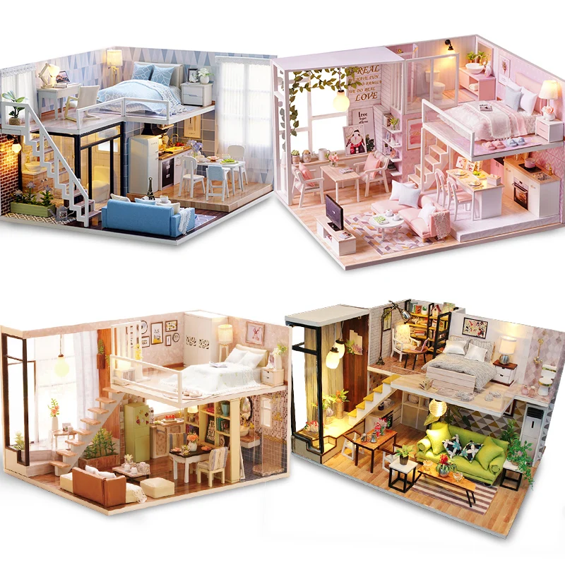 

DIY Model Doll House Miniature DollHouse Furniture LED Light 3D Wooden Mini Dollhouse Handmade Gift Toys For Children L023 #E