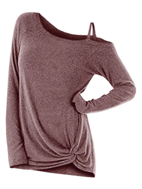 Wipalo Fashion Spring Knotted Skew Neck Sweater Long Sleeve Cut Out Solid Pullover Sweater Women Clothes One Shoulder Casual Top