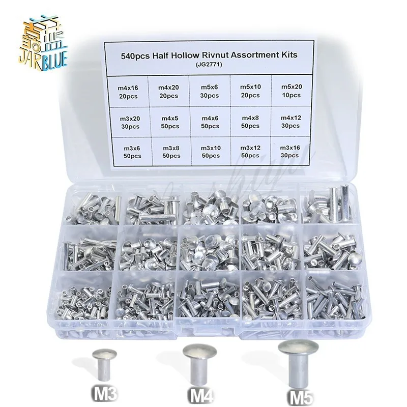 

Transkoot 540 pcs Aluminum Alloy Leather Rivets Nuts Half Hollow Rivnut Assortment Kits