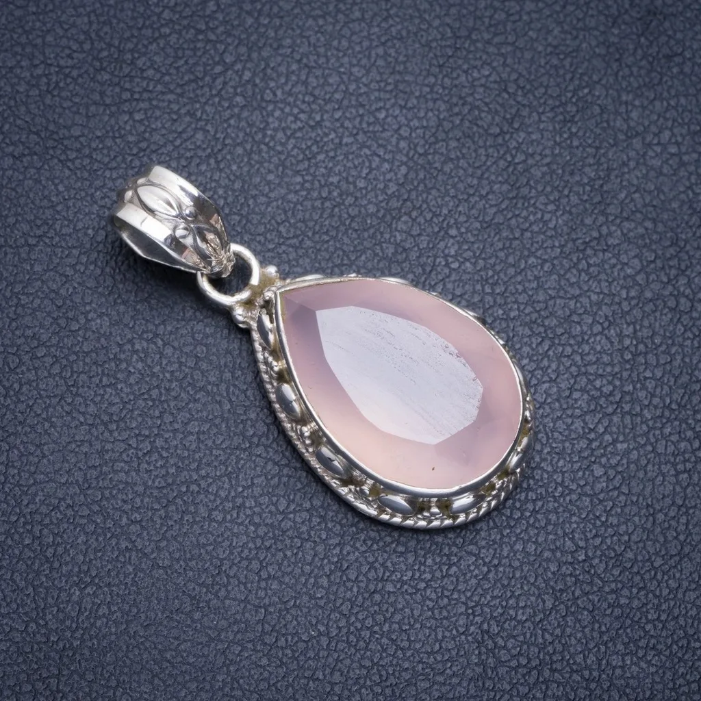 

Natural Rose Quartz Handmade Unique 925 Sterling Silver Pendant 1.25" A0595