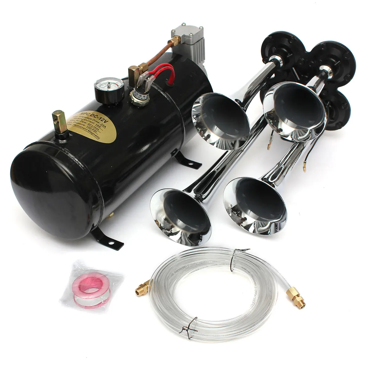 

Universal 12V 150.2 db Motorcycle Car Trucks Boats 4 Trumpet Air Horn Compressor Tubing
