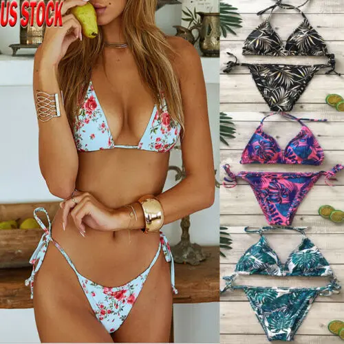

Sexy Women G-String Leaves Print Bikini Set Bra Thong Push up Swimwear Bathing Suit Swimsuit Swimming Suit