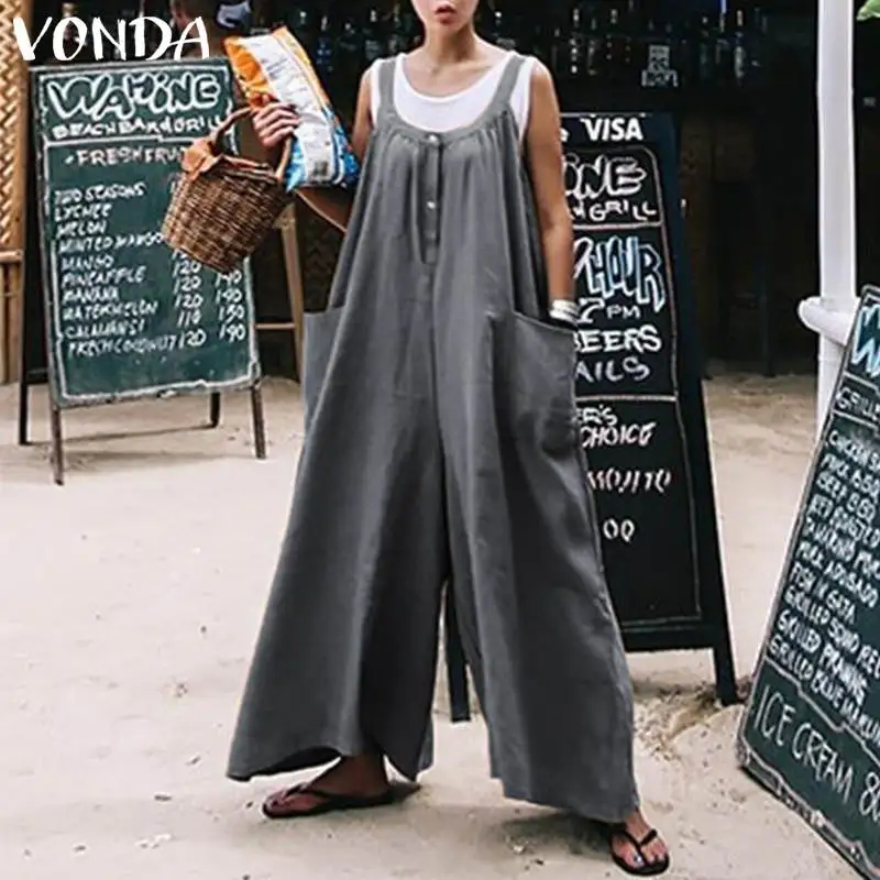VONDA Rompers Women Jumpsuits 2020 Summer Sexy Wide Leg Pants Casual Loose O Neck Pockets Sleeveless Plus Size Playsuit Overall