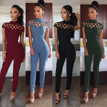 

Women Ladies Solid Short Sleeve Summer Clubwear Hollow Playsuit Bodycon Party Jumpsuit Romper Trousers