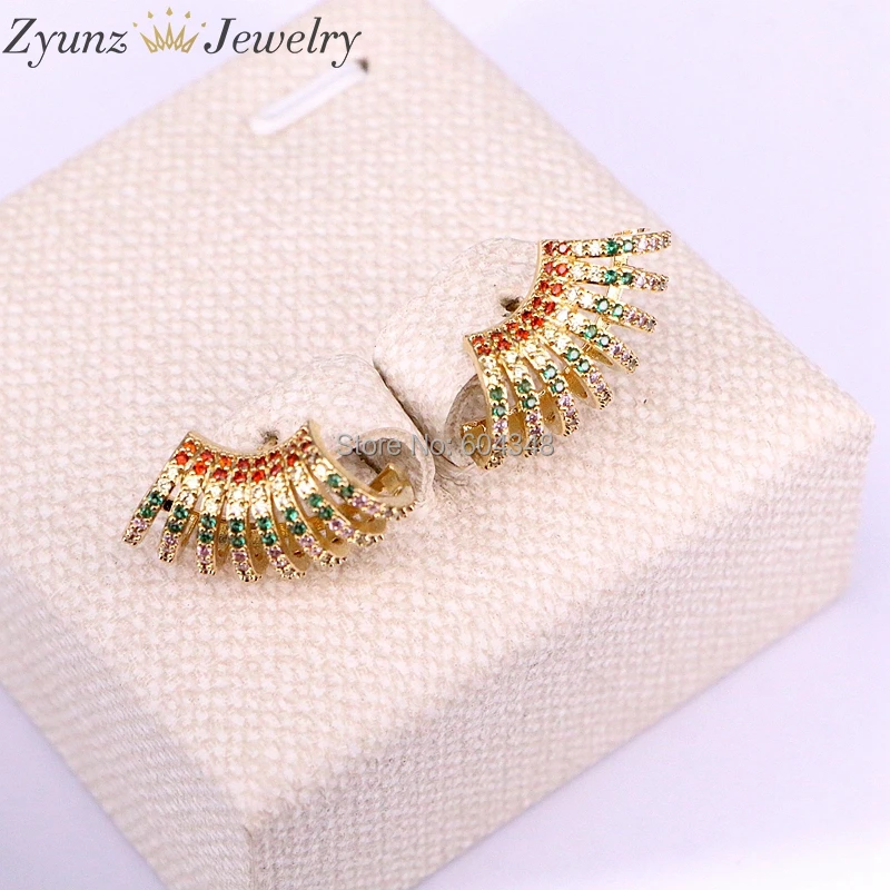 

5Pairs ZYZ338-0843 Fan shape stud earring paved multi color rainbow cz gold fashion gorgeous women lady gift multi earring