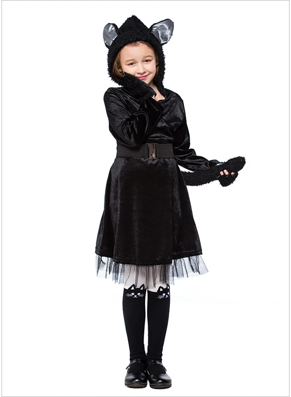 Purim/Детский костюм животных для девочек; милый детский костюм черного кота; маскарадный костюм для родителей и детей на Хэллоуин; карнавальный костюм; нарядное платье