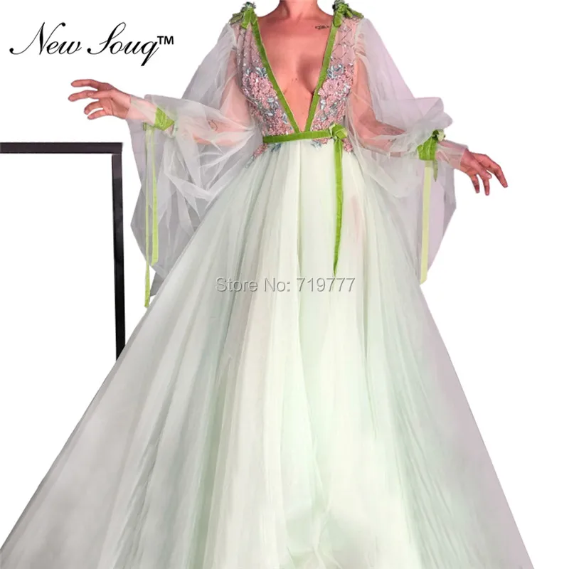 

Hot Sexy Deep V Neck Prom Dresses 2019 Embroidery Applique Illusion Tulle Party Gowns Custom Made With Long Sleeves Robe Soiree