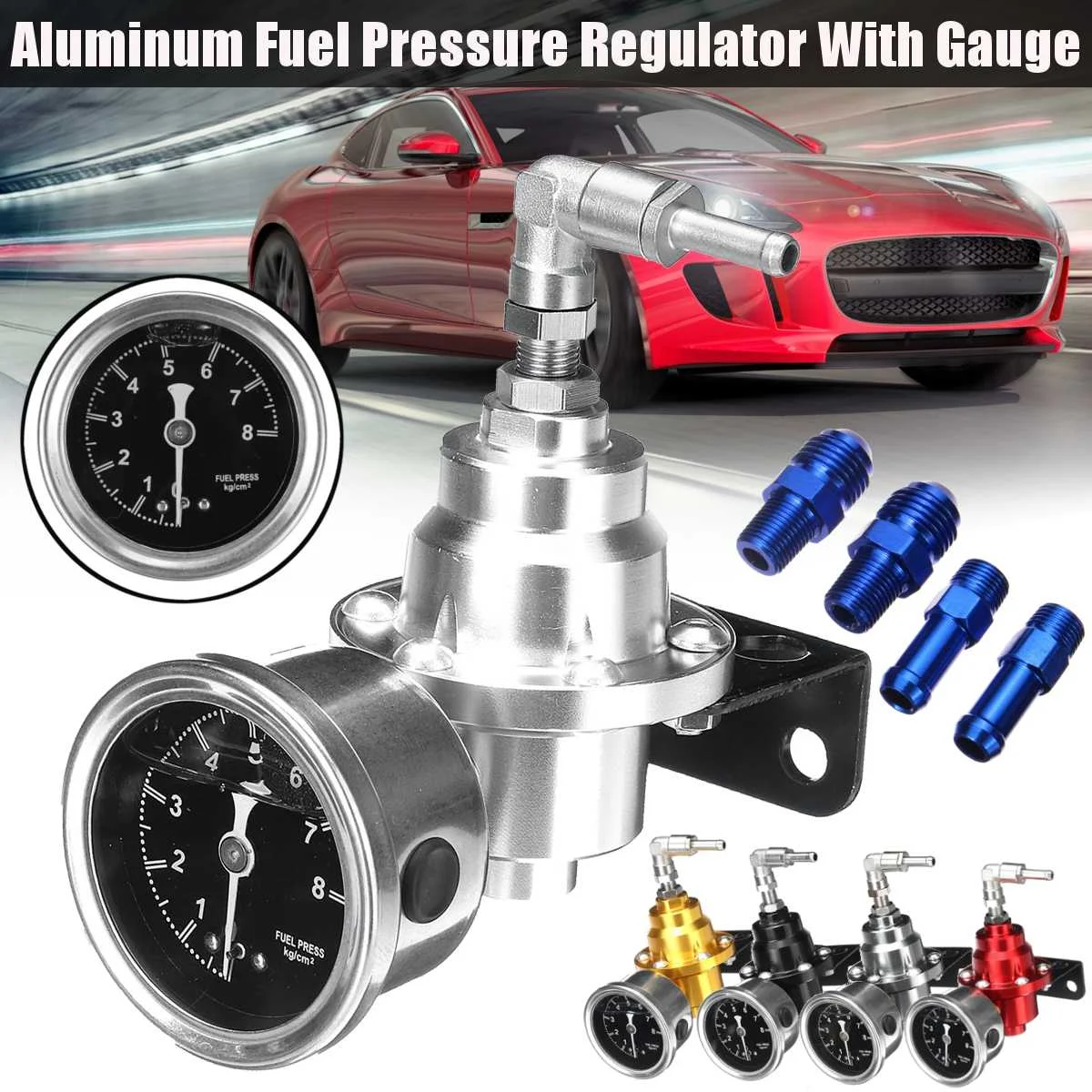 

Universal Adjustable Aluminum Fuel Pressure Regulator With Gauge Kit Black Titanium Red Gold Silver Blue