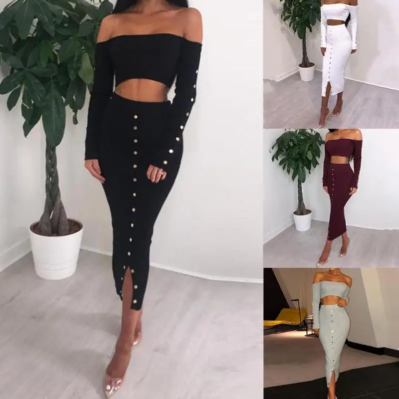 

Sexy Women Solid Color Off Shoulder Long Sleeve Crop Top High Waist Rivet Slim Bodycon Skirt For Party Two Piece Set