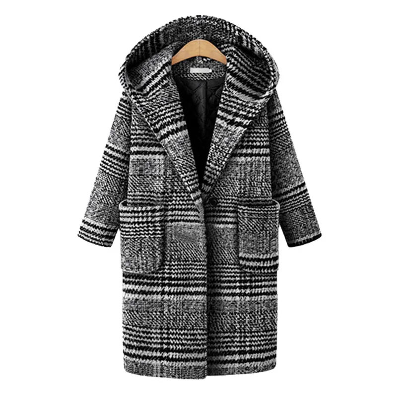 Клетчатое женское длинное пальто свободного покроя, Женская шерстяная куртка, однобортное модное пальто и куртка