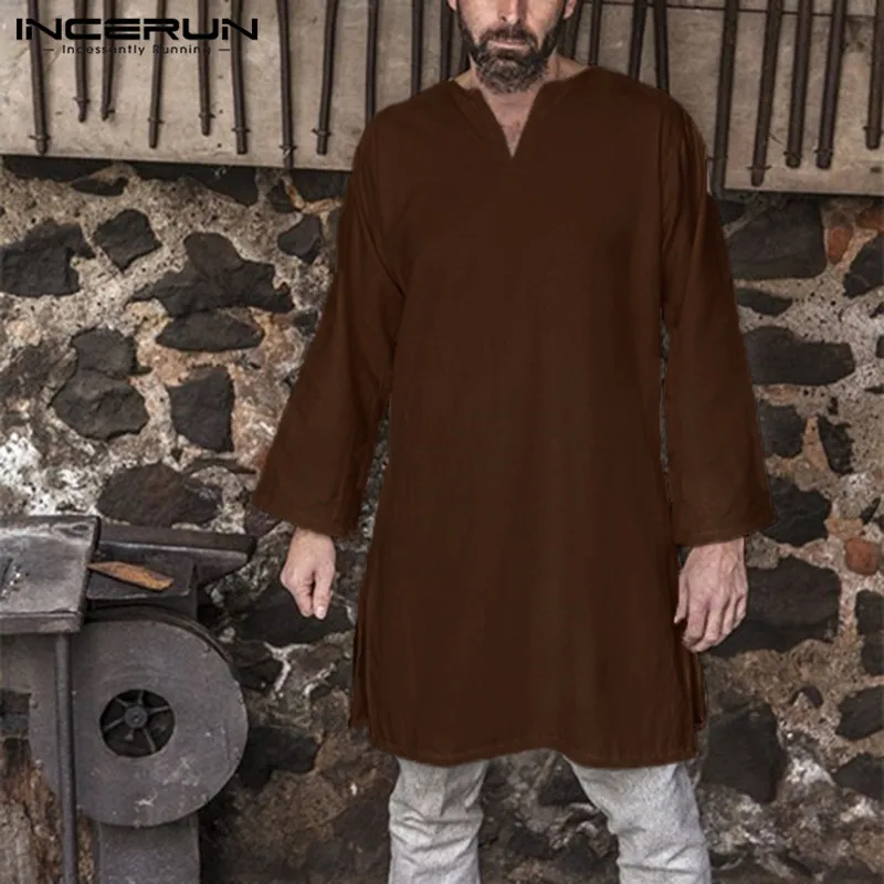 Vintage Dress Mens Shirt Cotton Medieval Renaissance Viking Tunic Long Sleeve Shirts Male Tops Camisas Kurta Men Clothes