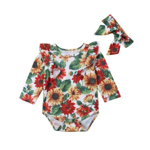 

Newborn Infant Kid Baby Girl Clothes Sunflower Romper Long Sleeve Cute Cotton Clothes Outfits Sets Baby Girls 0-24M