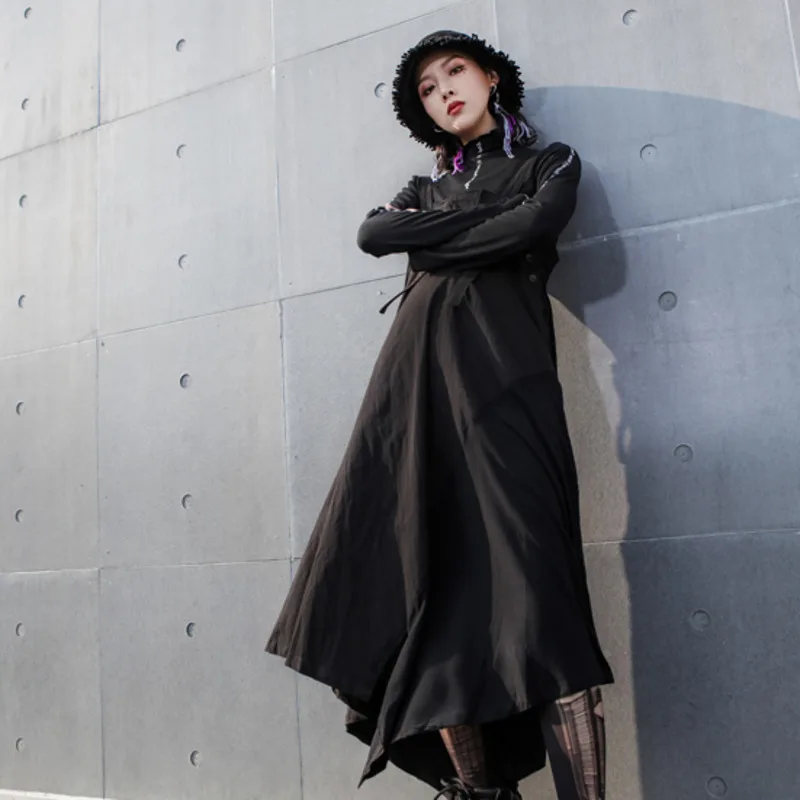 [DEAT] новое осенне-зимнее черное свободное платье на бретельках с неровными пуговицами, женское модное платье JR525