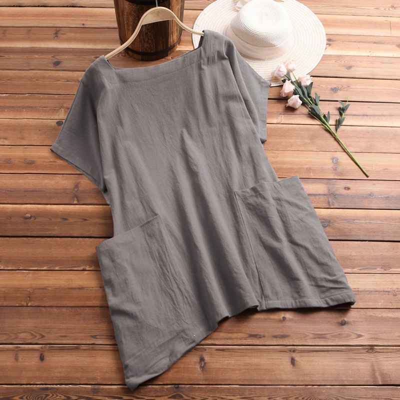 

Plus Size Tunic Top ZANZEA 2019 Women Linen Blouse Vintage Short Sleeve Shirts Female Pockets Baggy Chemise Summer Work Blusas
