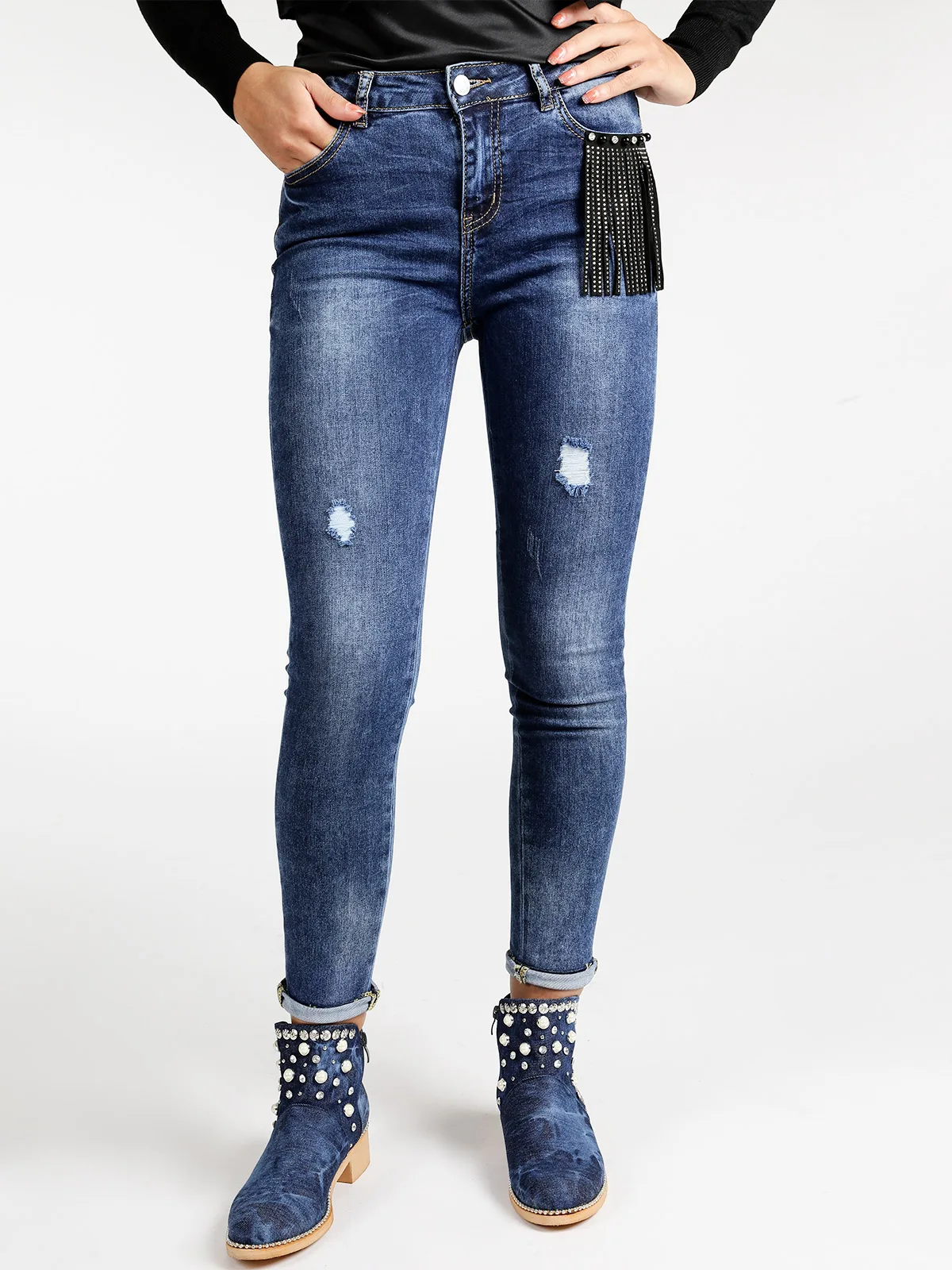 Stretch jeans with tearin Jeans from Women's Clothing on Aliexpress