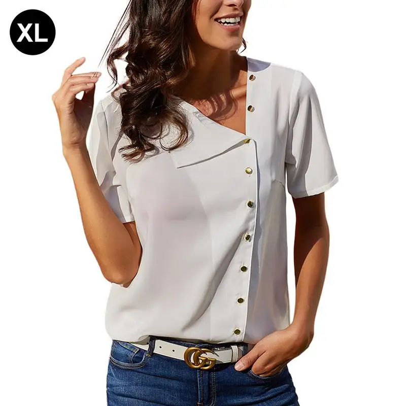 

Short Sleeve Button Loose Chiffon Blouse Tops Ladies Button Detail Slim Fit Simple Solid Skew Collar Elegant Chiffon Shirt Women