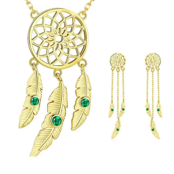 

Authentic 925 Sterling Silver Dream Catcher Long Earrings Gold Color Jewelry Sets For Women Vintage Jewelry Zhs106