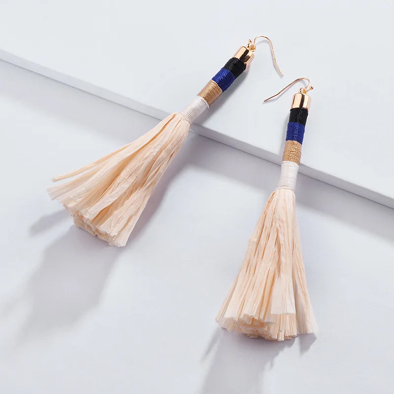 3 Contrast Color Raffia Straw Tassel Earrings Light Weight Fashion