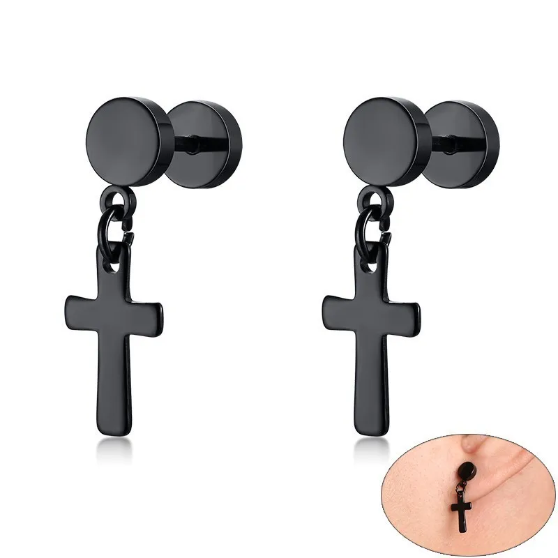 Mens Stylish Dumbbell and Cross Earrings Black Gold Silver Color