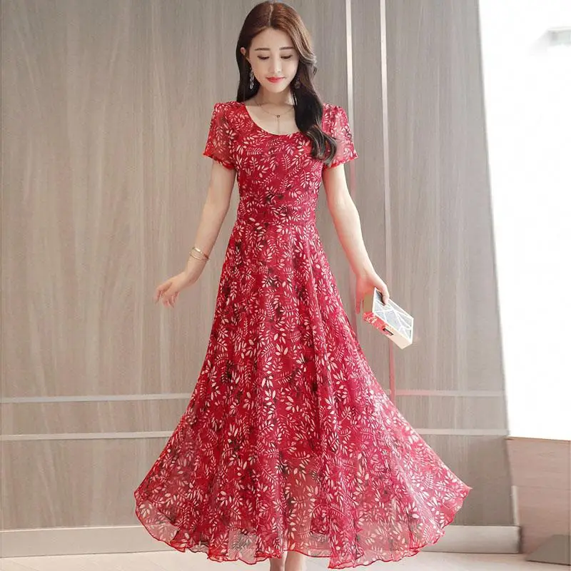 

MISSKY Women Summer Dress Red Green Color Elegant Large Hem Floral Printed Short Sleeves Round Color A-line Waisted Dress