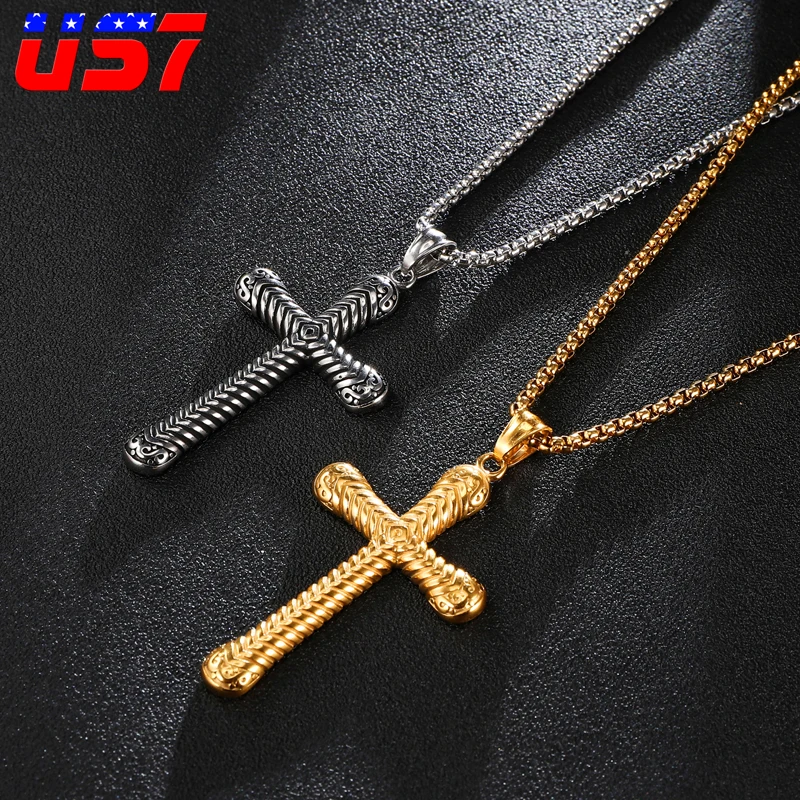 US7 Gold Cross necklaces & pendants men stainless steel Catholic
