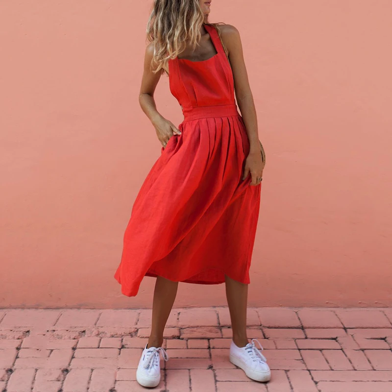 

Womens Summer Boho dress Casual Long plain color backless red slim waist Party Cocktail Beach Dress Sundress