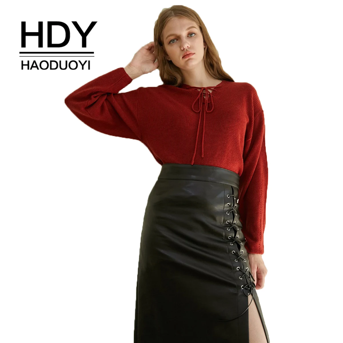 HDY Haoduoyi Элегантная кожаная Асимметричная открытая Лоскутная юбка карандаш с