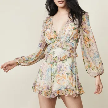 

2019 Summer Women Fashion V Neck High Waist Print Rompers Bohemian Casual Long Sleeve Ruffles Vintage Jumpsuit