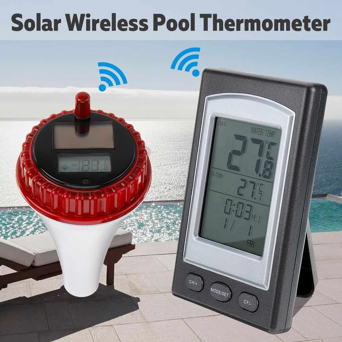 

Solar Wireless Swim SPA Pool Thermometer Digital Swimming Float Temperature Meter Indoor and Outdoor Pool Thermometer