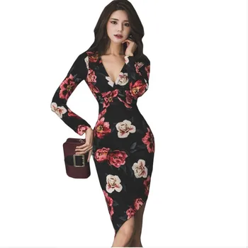 

Sexy Summer Women Dress Deep V Neck Floral Printed Black Fitness Party Mini Dress Lady Beach Causal Long Sleeve Dresses