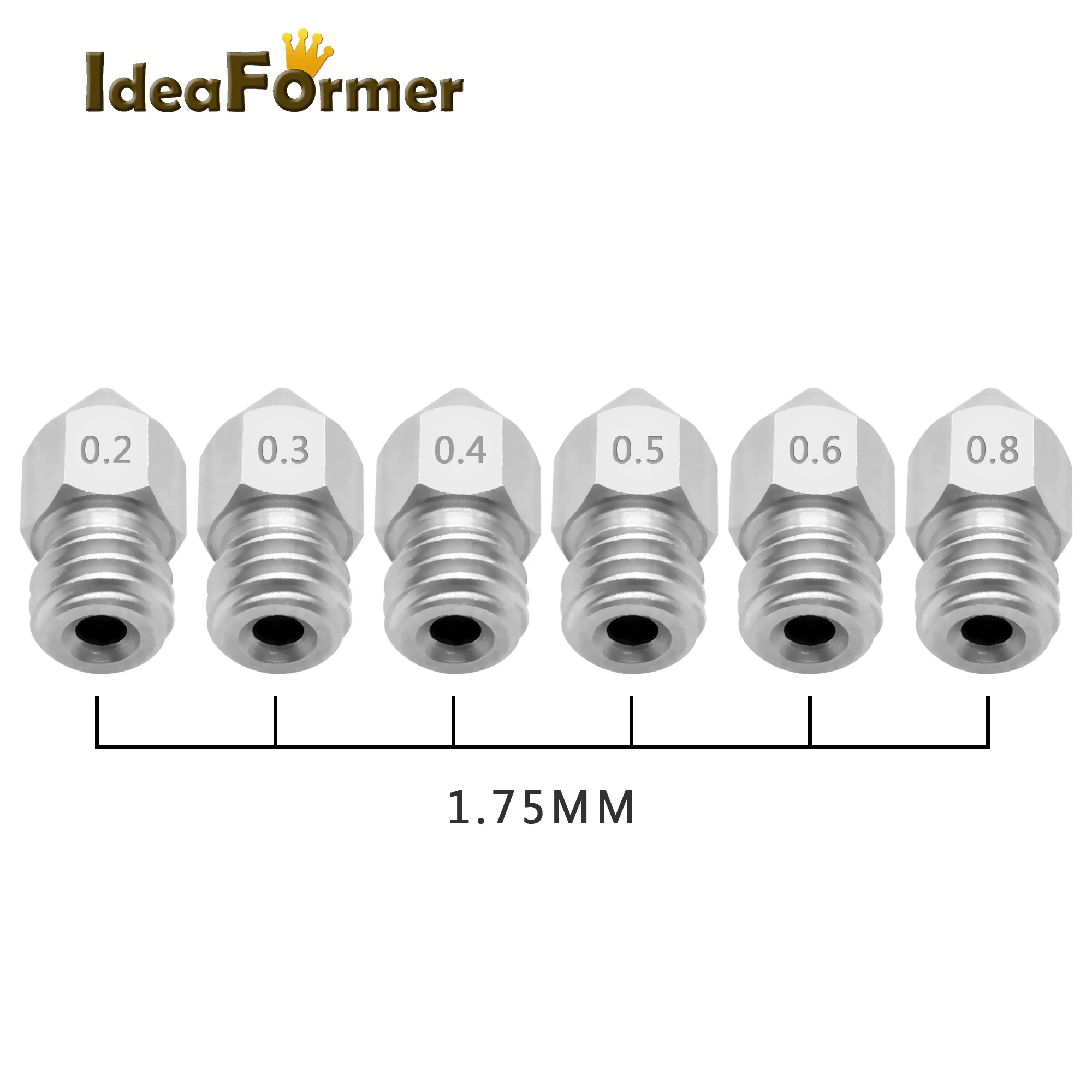 5pcs MK8 Nozzle 0.2/0.3/0.4/0.5/ 0.6/0.8mm M6 Threaded Stainless Steel for 1.75/3.0mm Filament 3D Printer Extruder Print Head