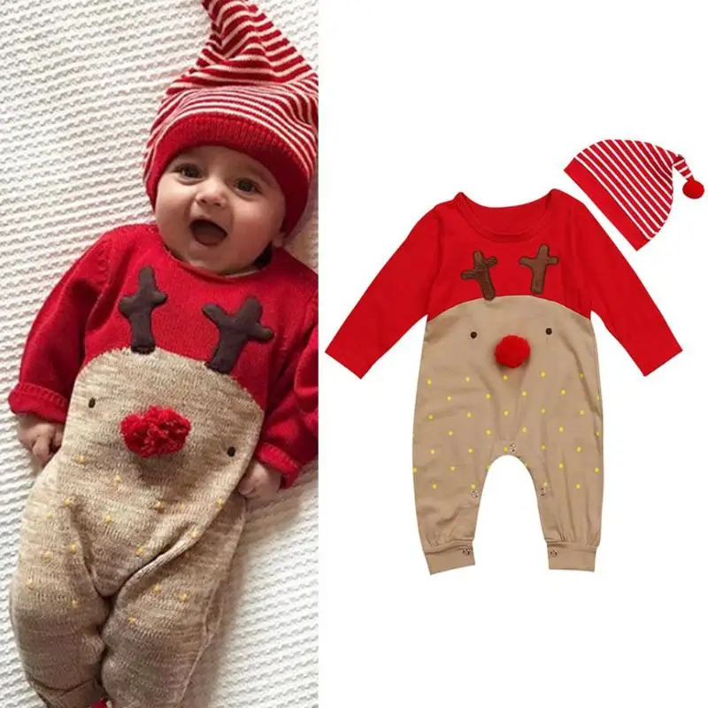 

2 PCS Fashion Trendy Cartoon Deer Christmas Rompers Splicing Rompers Striped Hat Outfits Newborn Baby Clothes For 0-18 Months