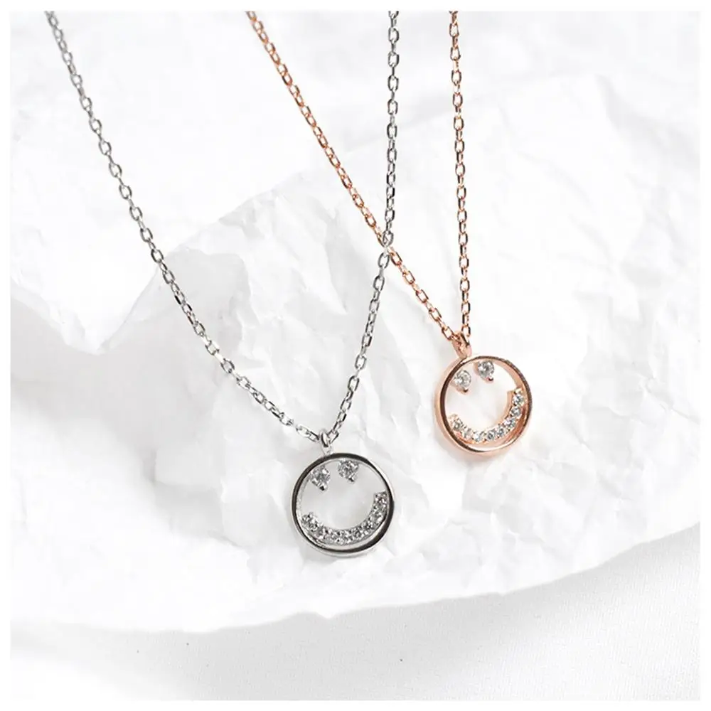 

New S925 Sterling Silver Happy Mood Pendant Trendy Smiley Short Clavicle Chain Inlaid Micro Zircon Girl Smile Necklace F62