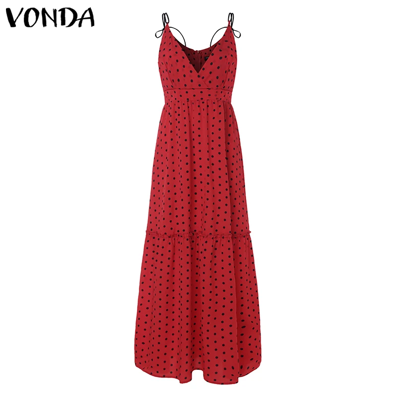 الصيف VONDA المرأة الأحمر فستان طويل 2019 نقطة طباعة حزام ماكسي فساتين مثير الخامس الرقبة عالية الخصر أكمام Vestidos زائد حجم S-5XL