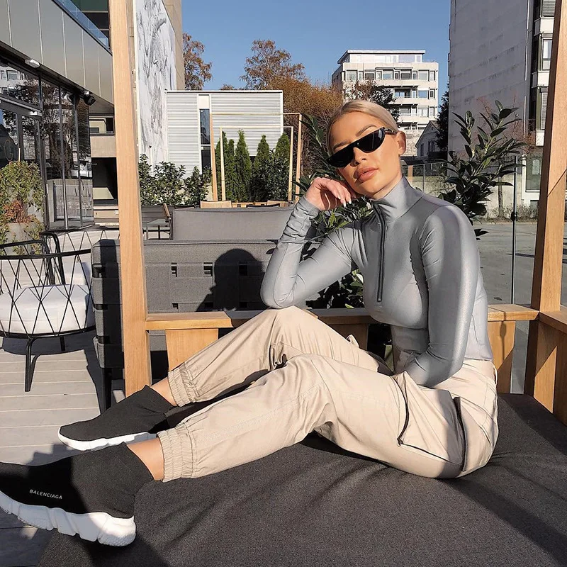 

Women's Sexy Space Silver Bodysuit Front Collar Zipper High Street High Round Collar Skinny Rompers Womens Jumpsuit 2019 New
