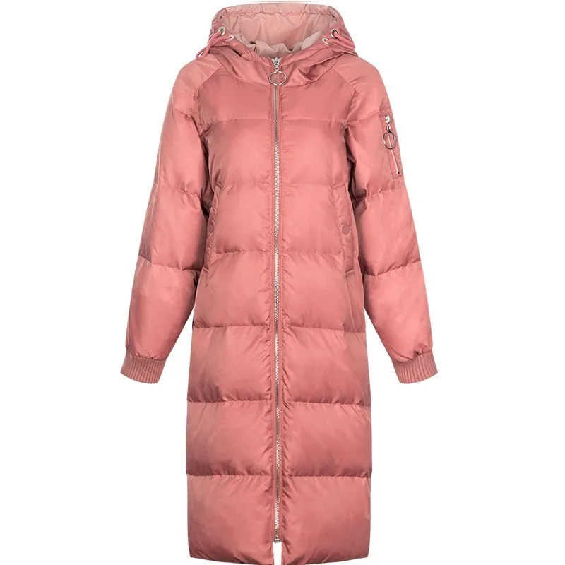 Женская зимняя розовая пуховая парка с капюшоном, теплая длинная куртка на белом утином пуху, Женская куртка, цвет, модное пуховое пальто, верхняя одежда HJ101