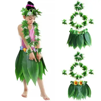 

1PC Hawaii Hula Green Leaf Wreath Necklace Bracelet Leaf Skirt BBQ Party Clothing Decoration Five-Piece Hawaiian Hula Luau Party