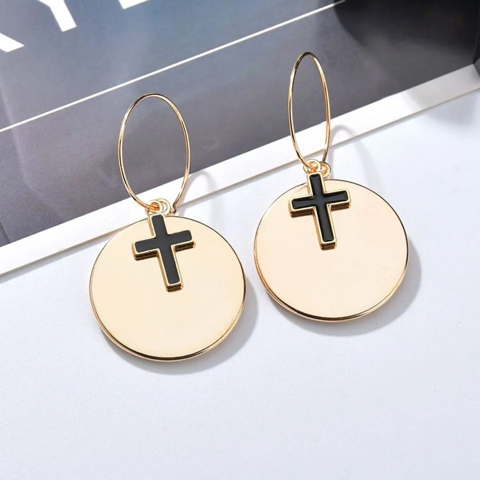 

Women Fashion Drop Earrings Round Plat With Cross Wedding Party Trendy Jewelry Female Cute And Romantic Handmade Drop Ear Cuff