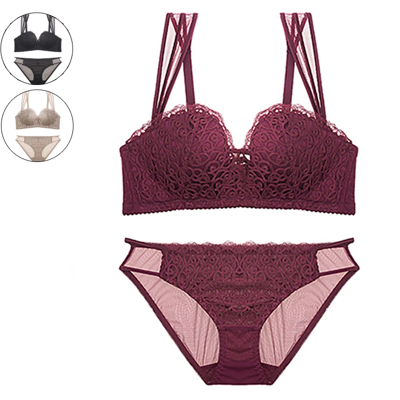 

Lace Bras For Women Sexy Lingerie Briefs Set Push Up Bra Seamless Wire Free Brassiere 1/2 Cup Bralette Panties Underwear Set #D