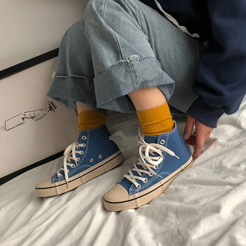 

Women Casual Shoes Solid Color High Up Lacing Vulcanized Shoe Girls Canvas Skateboard Shoe Street Style Hip Pop Stylish Sneakers