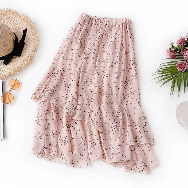 

New Arrival Spring Summer High Waist Ruffles Chiffon Skirts A-Line Female Asymmetrical Flower Print Midi Skirts