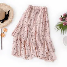 New Arrival Spring Summer High Waist Ruffles Chiffon Skirts A-Line Female Asymmetrical Flower Print Midi Skirts makuluya women bohemian asymmetrical denim patchwork chiffon ruffles maxi long skirts spring autumn winter summer female bxqw