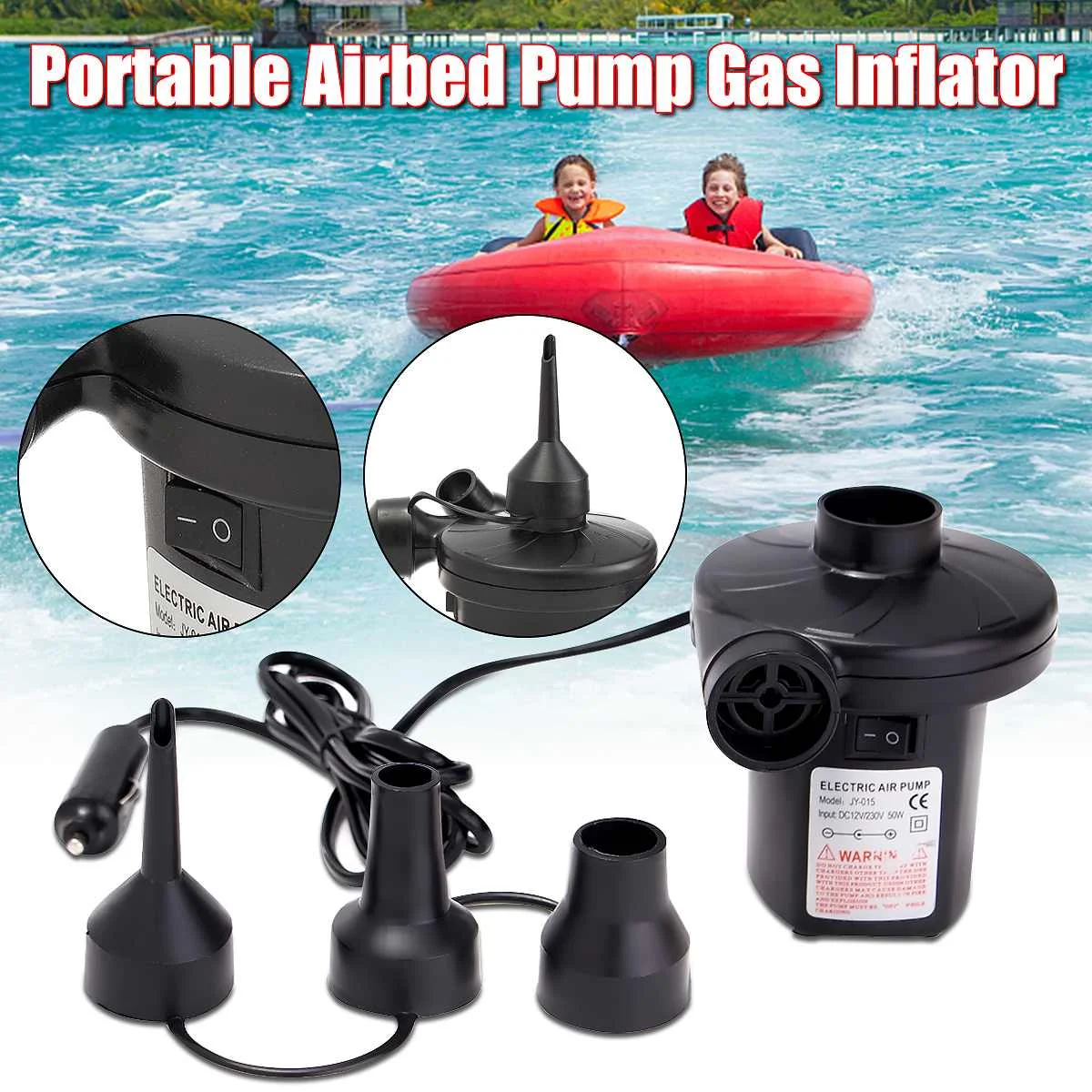 

EU Plug 240V/12V Electric Air Pump Inflator Nozzles Inflatable AirBed Mattress Boat Pool Car Inflator Electropump with 3 Nozzles