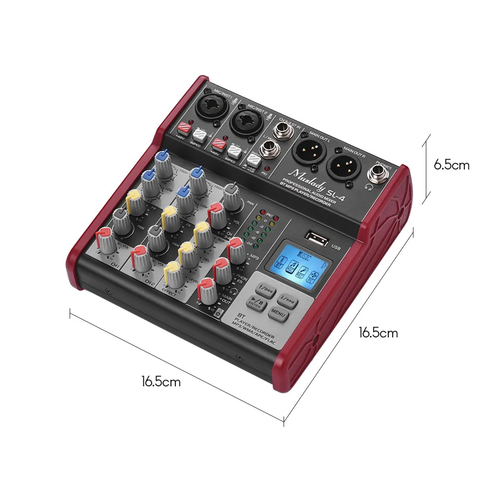 Muslady SL-4 компактный Размер 4 канала смешивания консольный микшер 2-полосным эквалайзером встроенный 48V Phantom Мощность поддерживает подключения BT USB